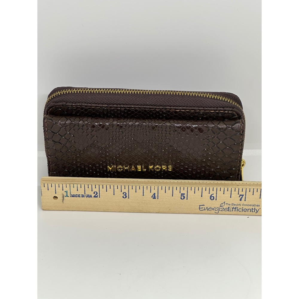 Michael Kors Wallet Brown Snake Embossed Zip Around Continental Clutch Women - Picture 9 of 9